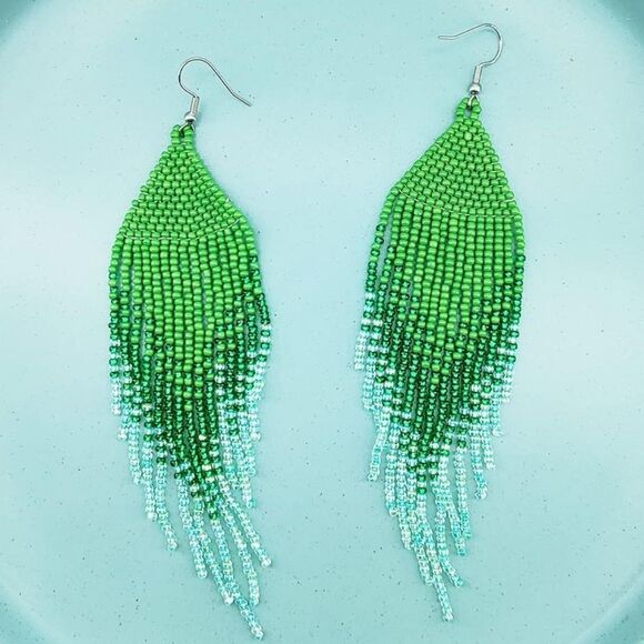 Green Bohemian Seed Bead Tassel Dangling Statement French Wire Hook Earrings - Picture 2 of 7